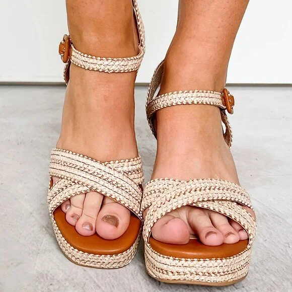 New Tan Raffia Espadrille Chunky Block Heel Platform Sandal Open Toe Ankle Strap - Picture 3 of 9